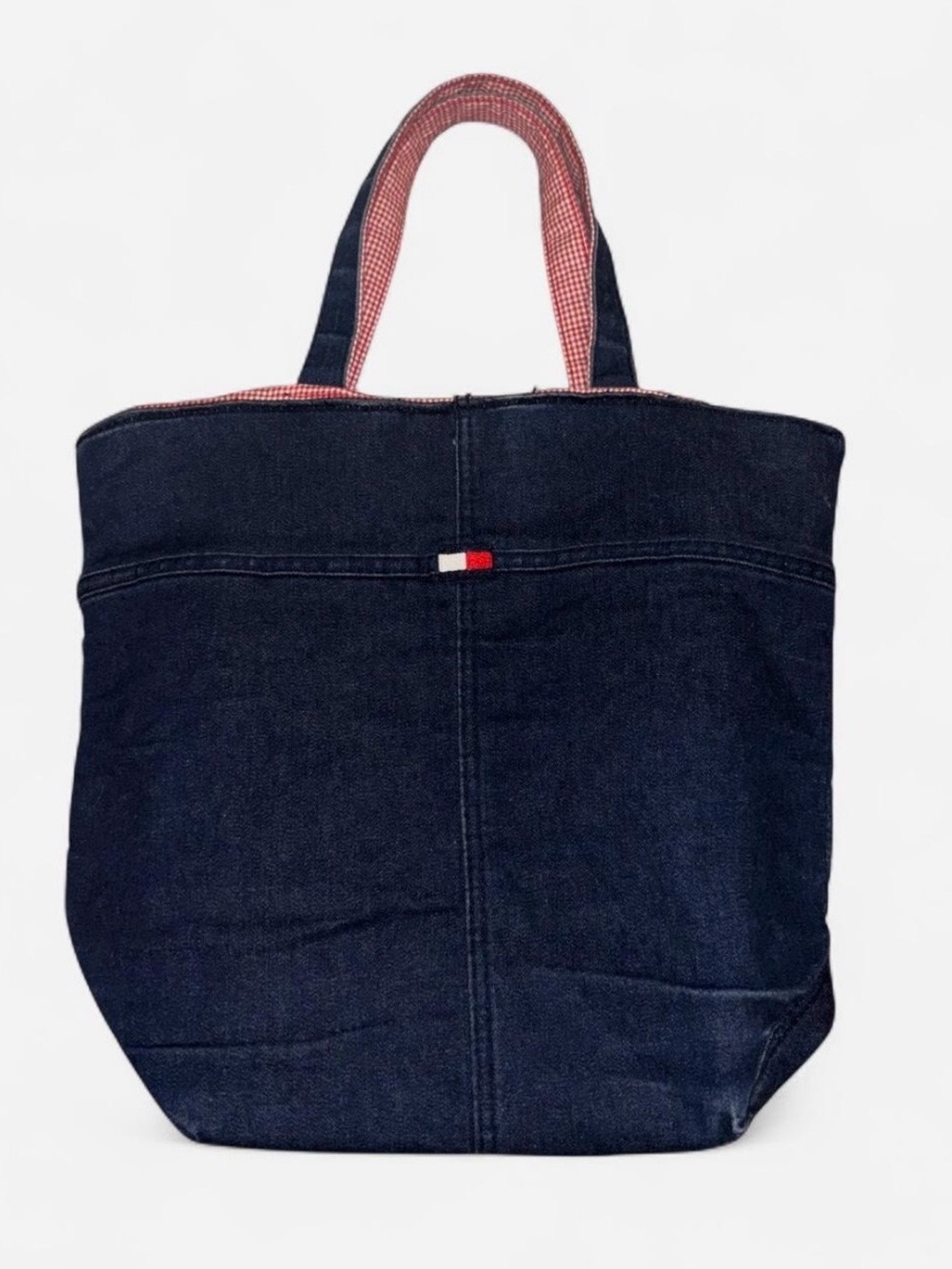 Vintage Tommy Hilfiger Navy Denim Tote with Red and White Gingham Lining
